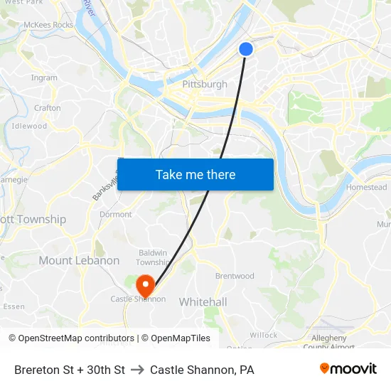 Brereton St + 30th St to Castle Shannon,  PA map