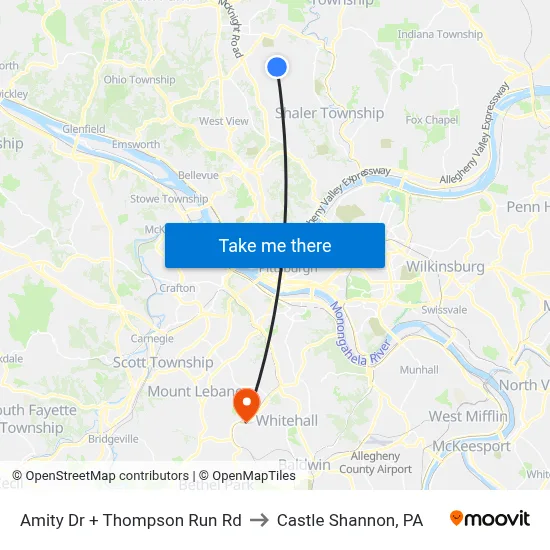 Amity Dr + Thompson Run Rd to Castle Shannon,  PA map