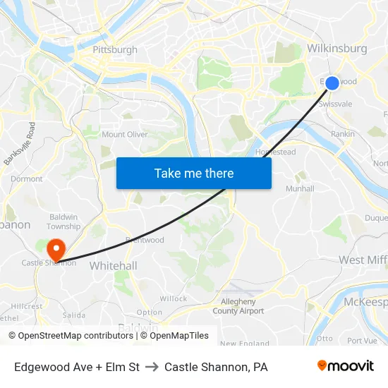 Edgewood Ave + Elm St to Castle Shannon,  PA map