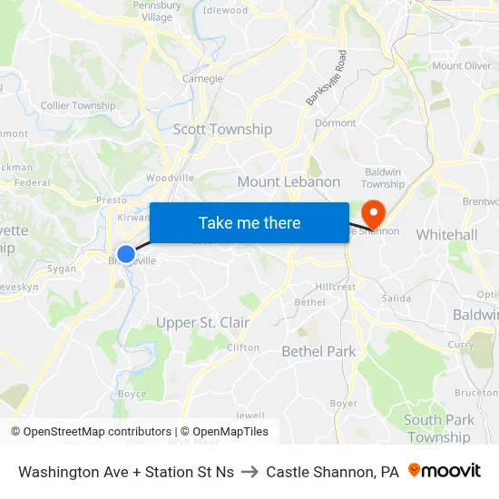 Washington Ave + Station St Ns to Castle Shannon,  PA map
