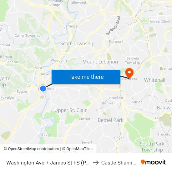 Washington Ave + James St FS (Post Office) to Castle Shannon,  PA map