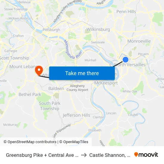 Greensburg Pike + Central Ave FS to Castle Shannon,  PA map
