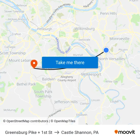 Greensburg Pike + 1st St to Castle Shannon,  PA map