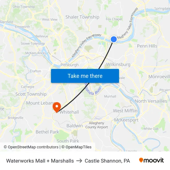 Waterworks Mall + Marshalls to Castle Shannon,  PA map