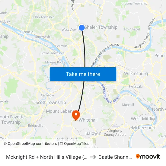 Mcknight Rd + North Hills Village (Center Ent) to Castle Shannon,  PA map