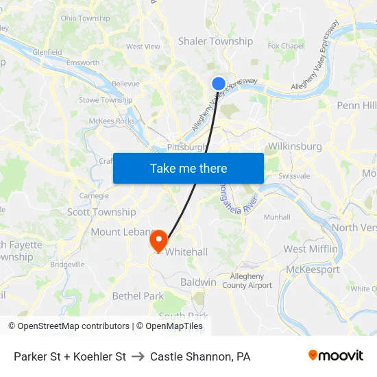 Parker St + Koehler St to Castle Shannon,  PA map