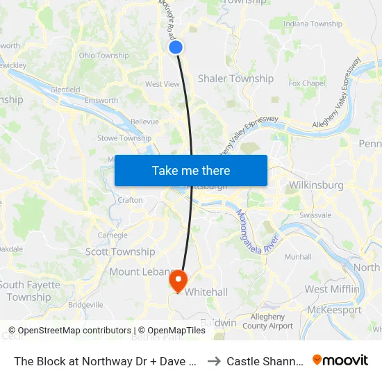 The Block at Northway Dr + Dave And Busters to Castle Shannon,  PA map