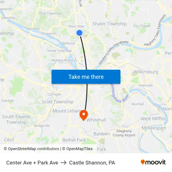 Center Ave + Park Ave to Castle Shannon,  PA map