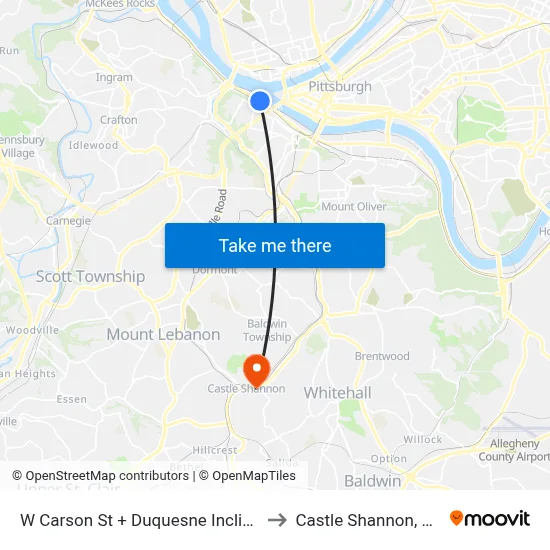 W Carson St + Duquesne Incline to Castle Shannon,  PA map