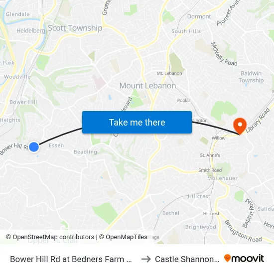 Bower Hill Rd at Bedners Farm Market to Castle Shannon,  PA map