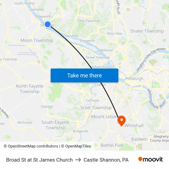 Broad St at St James Church to Castle Shannon,  PA map