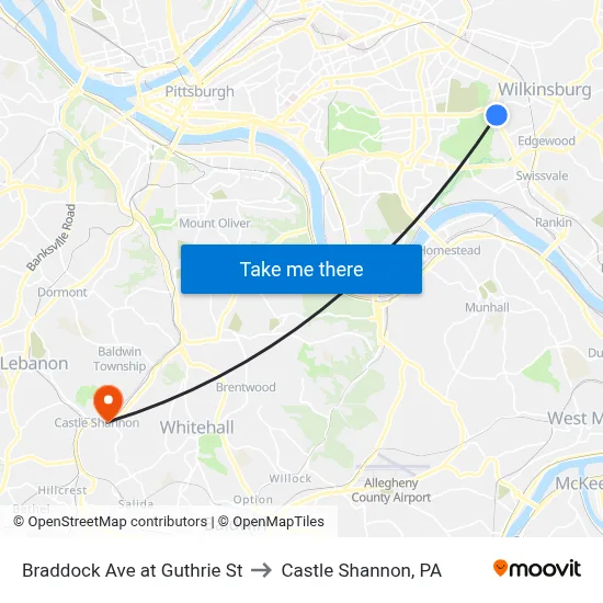 Braddock Ave at Guthrie St to Castle Shannon,  PA map