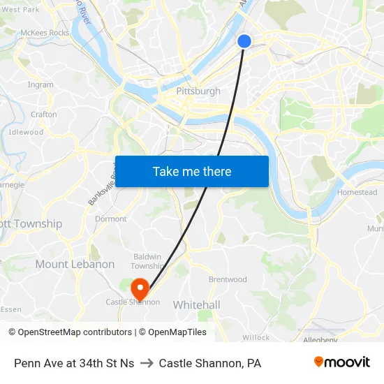 Penn Ave at 34th St Ns to Castle Shannon,  PA map