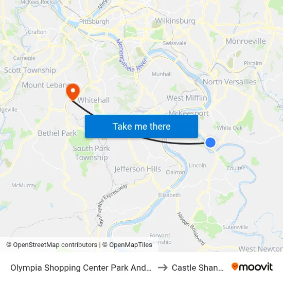 Olympia Shopping Center Park And Ride at Shelter to Castle Shannon,  PA map