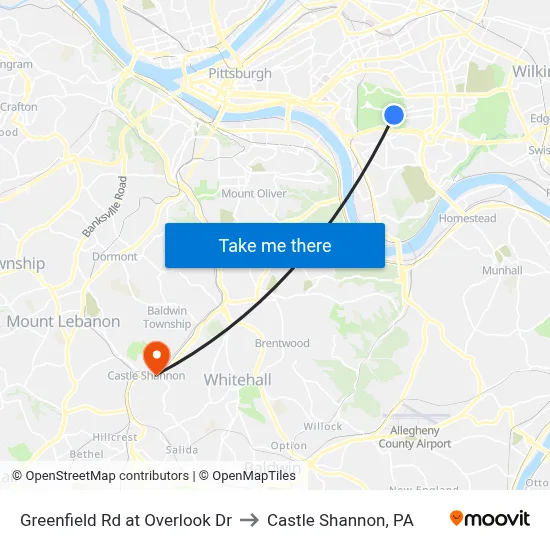Greenfield Rd at Overlook Dr to Castle Shannon,  PA map