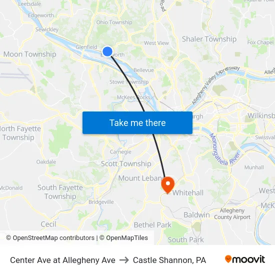 Center Ave at Allegheny Ave to Castle Shannon,  PA map