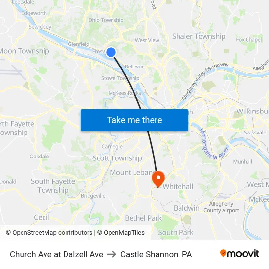 Church Ave at Dalzell Ave to Castle Shannon,  PA map