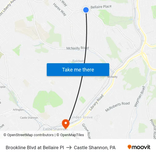 Brookline Blvd at Bellaire Pl to Castle Shannon,  PA map