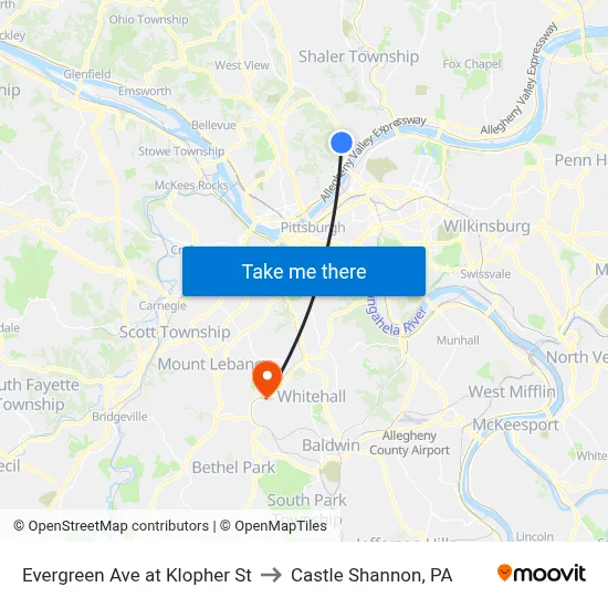 Evergreen Ave at Klopher St to Castle Shannon,  PA map