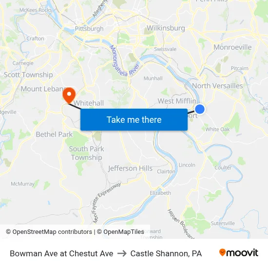 Bowman Ave at Chestut Ave to Castle Shannon,  PA map