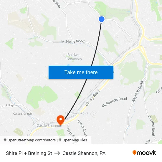 Shire Pl + Breining St to Castle Shannon,  PA map