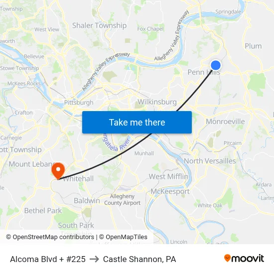 Alcoma Blvd + #225 to Castle Shannon,  PA map