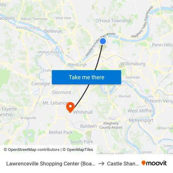 Lawrenceville Shopping Center (Boarding Stop-Shelter) to Castle Shannon,  PA map