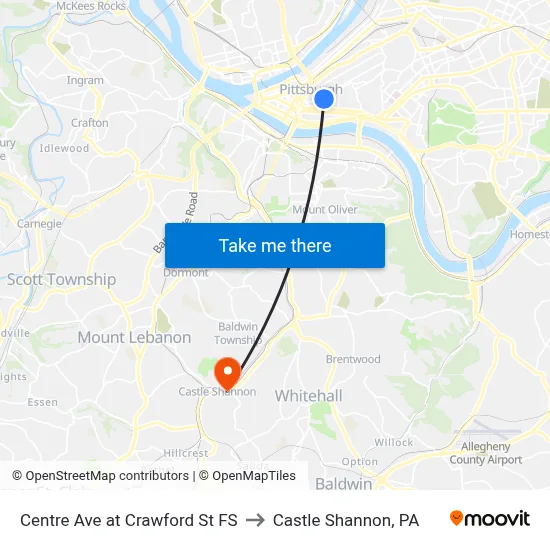 Centre Ave at Crawford St FS to Castle Shannon,  PA map