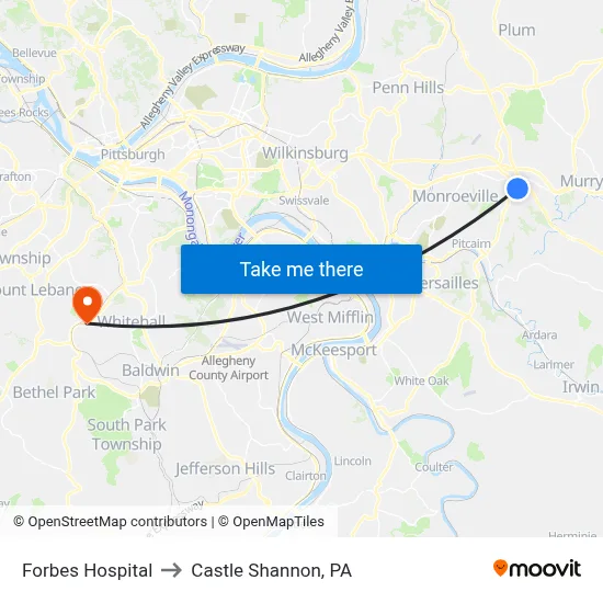 Forbes Hospital to Castle Shannon,  PA map