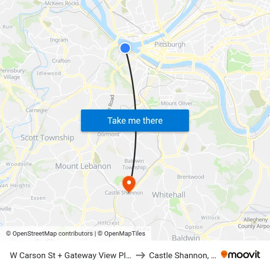 W Carson St + Gateway View Plaza to Castle Shannon,  PA map
