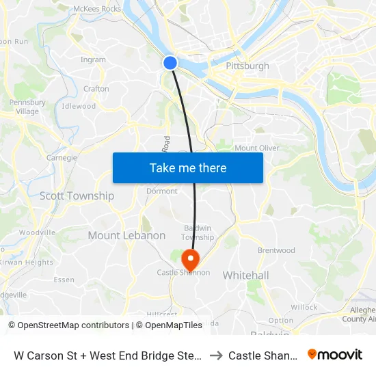 W Carson St + West End Bridge Steps (Underpass) to Castle Shannon,  PA map
