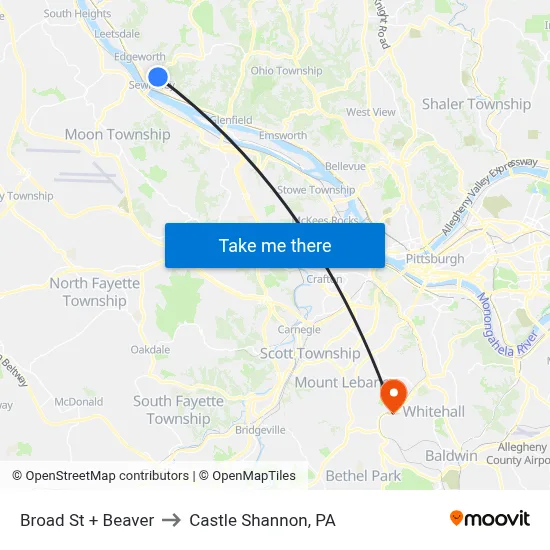 Broad St + Beaver to Castle Shannon,  PA map