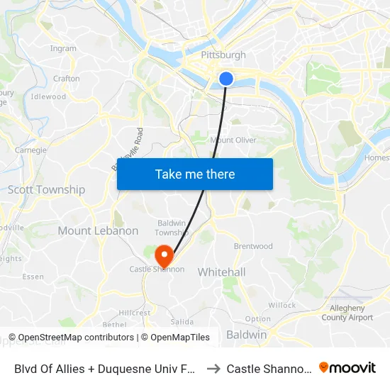 Blvd Of Allies + Duquesne Univ Footbridge to Castle Shannon,  PA map