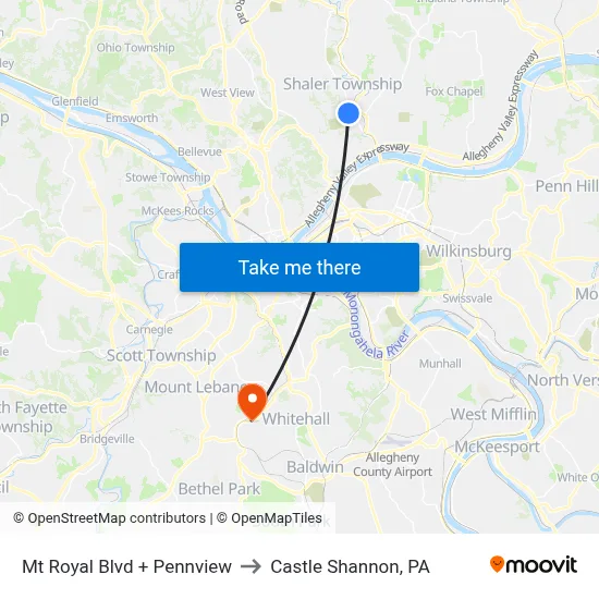Mt Royal Blvd + Pennview to Castle Shannon,  PA map
