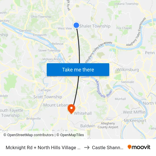 Mcknight Rd + North Hills Village (North Ent) to Castle Shannon,  PA map