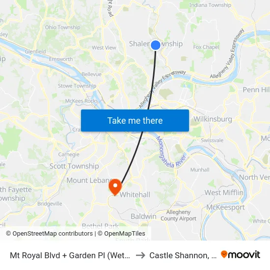 Mt Royal Blvd + Garden Pl (Wetzell) to Castle Shannon,  PA map