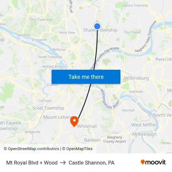 Mt Royal Blvd + Wood to Castle Shannon,  PA map