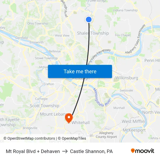 Mt Royal Blvd + Dehaven to Castle Shannon,  PA map
