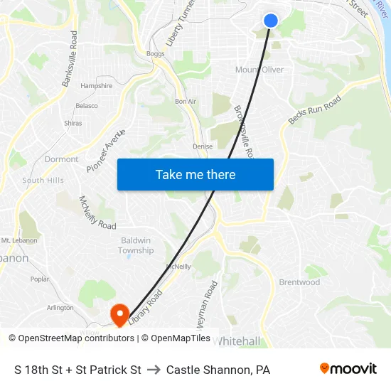 S 18th St + St Patrick St to Castle Shannon,  PA map