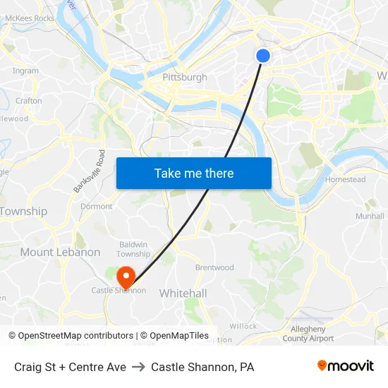 Craig St + Centre Ave to Castle Shannon,  PA map
