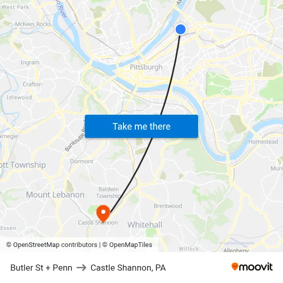 Butler St + Penn to Castle Shannon,  PA map
