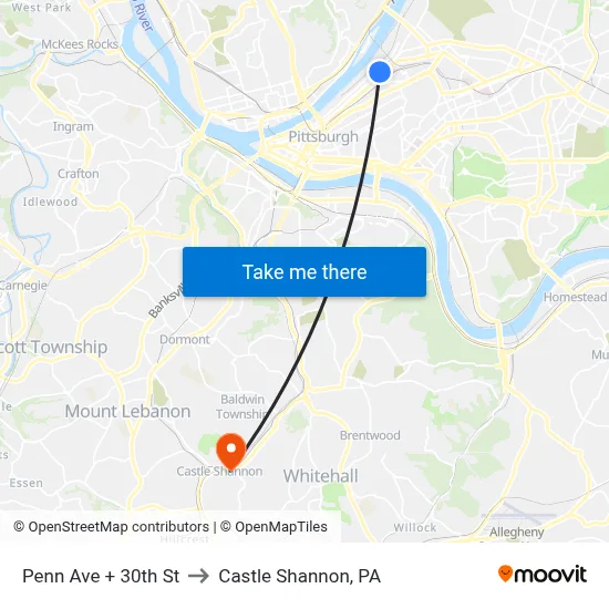 Penn Ave + 30th St to Castle Shannon,  PA map