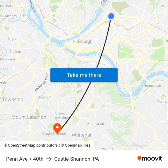 Penn Ave + 40th to Castle Shannon,  PA map