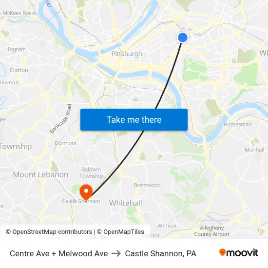 Centre Ave + Melwood Ave to Castle Shannon,  PA map