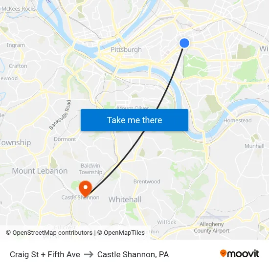 Craig St + Fifth Ave to Castle Shannon,  PA map