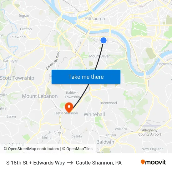 S 18th St + Edwards Way to Castle Shannon,  PA map