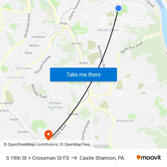 S 18th St + Crossman St FS to Castle Shannon,  PA map