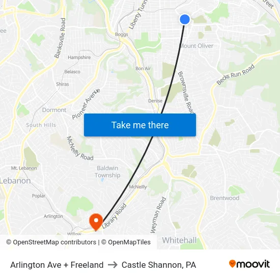 Arlington Ave + Freeland to Castle Shannon,  PA map