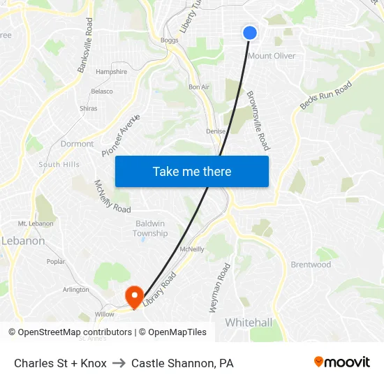 Charles St + Knox to Castle Shannon,  PA map