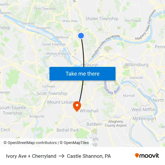 Ivory Ave + Cherryland to Castle Shannon,  PA map